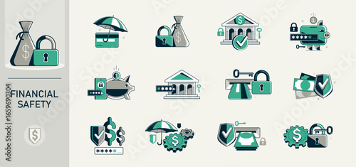 Financial safety vector detailed icons set, secured account and transaction, protected finance money.