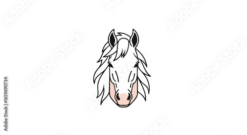 Stylized white horse head illustration with black outlines and a pink muzzle, facing forward.