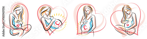 Pregnancy and motherhood theme vector illustrations set pregnant woman drawings isolated on white background, prenatal pregnant beautiful female new life theme.