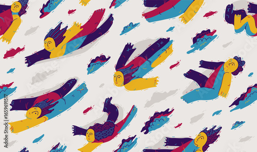 Levitating people seamless background, concept of freedom and imagination, peaceful and tranquil theme tiling wallpaper, dreamers floating among the clouds.