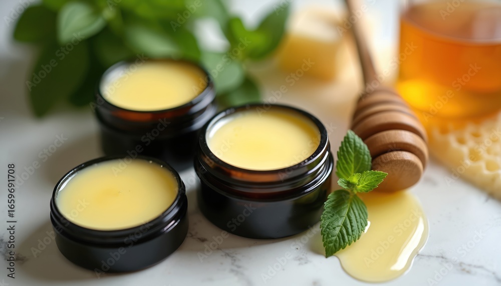 Naklejka premium Three small jars of homemade balm featuring honey, mint ingredients. Natural, organic skincare products perfect for beauty, health, spa treatments. Luxurious, pure, eco-friendly balms offer gentle