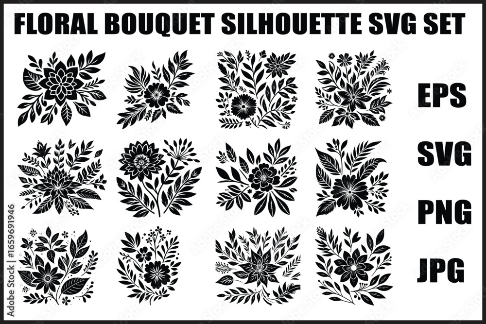 Fototapeta premium Black Floral Bouquet Vector Set