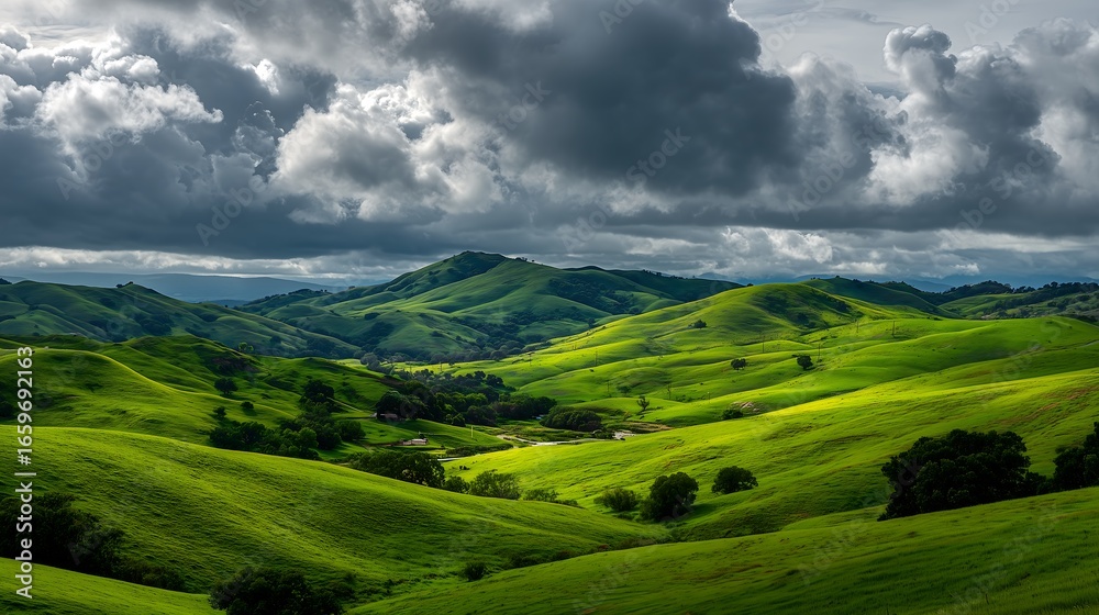 Obraz premium Rolling green hills under cloudy sky