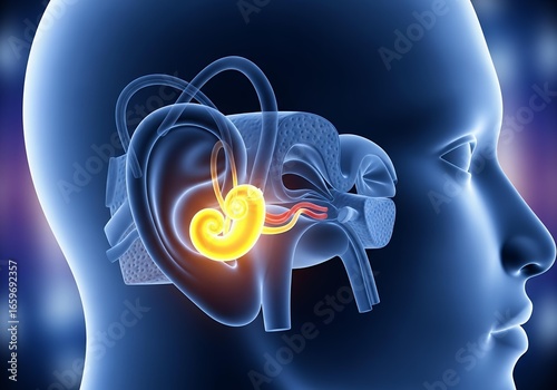 Detailed 3D illustration of human ear anatomy showcasing cochlea and auditory nerves