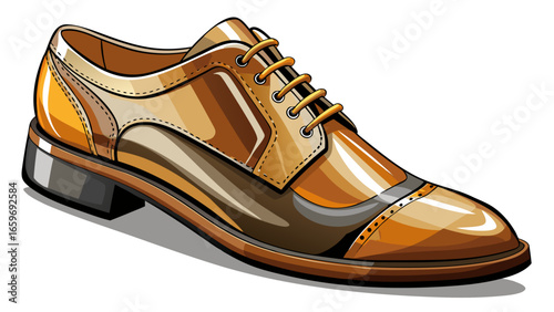Men’s elegant classic brown leather shoes isolated on white background, featuring walnut texture, honey golden glaze, onyx black shadows, silver-gray gleam, creamy ivory highlights
