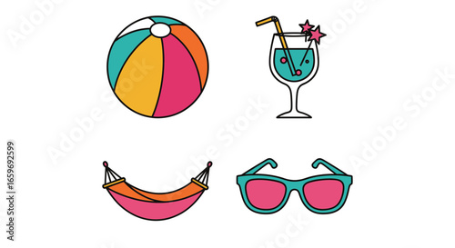 Colorful Summer Vacation Icons: Beach Ball, Cocktail, Hammock, Sunglasses Vector Illustration