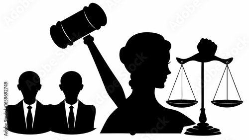 Female Judge Gavel Scales Lawyers Black Silhouette Illustration