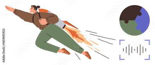 Person with jetpack flying, globe puzzle symbolizing unity, sound waveform representing technology. Ideal for progress, innovation, growth, teamwork, globalization, exploration simple flat metaphor