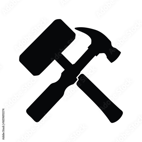 Simple graphic illustration depicting a mallet hammer and a chisel tool crossed