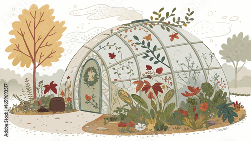 Organic retro-futuristic greenhouse with mid-century glass domes housing diverse autumn plants, hand-drawn flows of vines and circuits symbolizing eco-inclusivity
