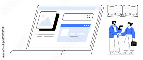 Laptop displaying a search interface, business professionals exchanging ideas, and an open book. Ideal for teamwork, research, education, business solutions, technology, online learning