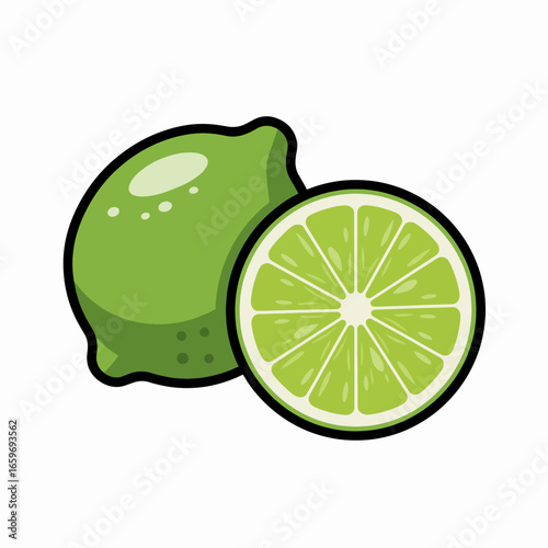 Cartoon illustration of a whole lime and a lime slice, vibrant green colors.
