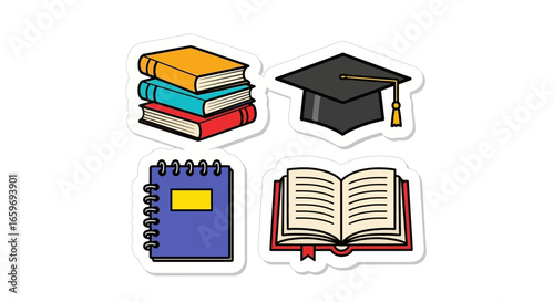 Education Icon Set: Books, Graduation Cap, Notebook, Open Book - Vector Illustration