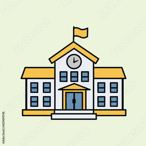 Illustration of a school building with a flag and a clock on the roof, simple and modern style, suitable for education, learning, institutions and classroom themes.