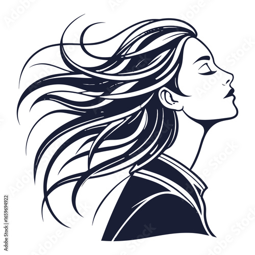 A stylish black and white vector illustration of a woman's profile with her hair blowing in the wind. This elegant and modern design exudes a sense of freedom and beauty.
