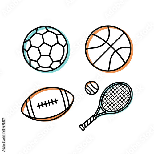 Sports Equipment Doodle Icon Set: Soccer Ball, Basketball, Football, Tennis Racket and Ball