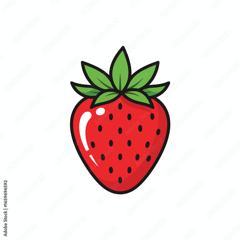 Fototapeta premium A vibrant cartoon illustration of a ripe red strawberry with green leaves, isolated on a white background.