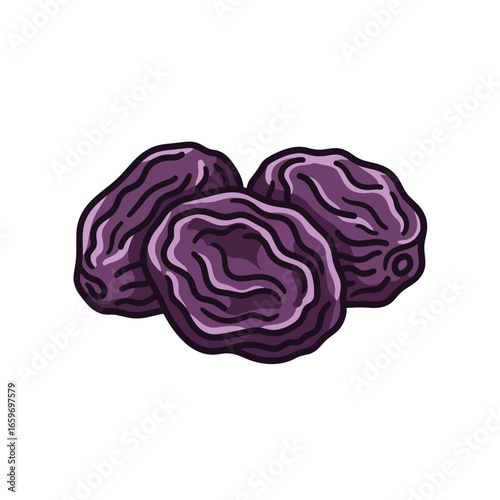 Three plump, dark purple raisins, illustrated in a cartoon style, against a white background.