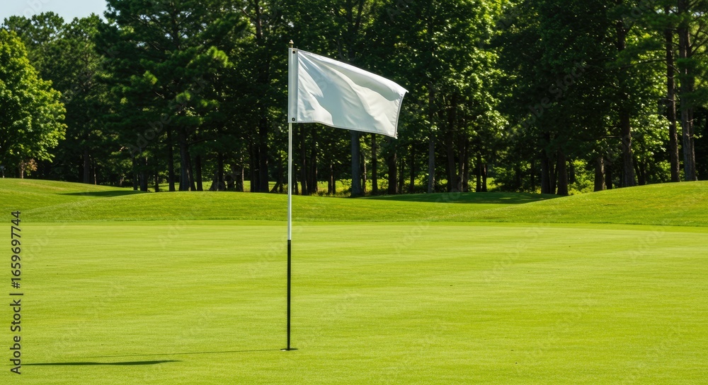 Obraz premium White Golf Flag on Green Course with Lush Trees, Sunny Day, Peaceful Scene.