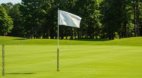 White Golf Flag on Green Course with Lush Trees, Sunny Day, Peaceful Scene.