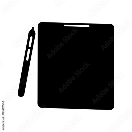 Stylized graphic tablet illustration with stylus standing next to it in black