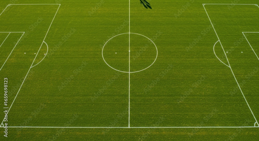 Obraz premium Aerial View of Empty Soccer Field, Green Grass, White Lines, Shadow, Abstract Composition.