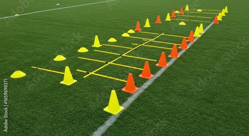 Agility Training Course: Orange and Yellow Cones on Green Turf