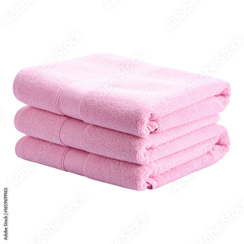A neatly stacked pile of three soft, pink bath towels.