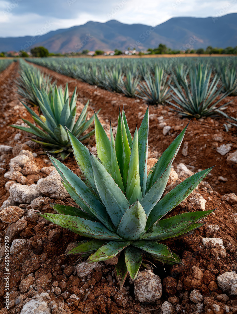 Fototapeta premium Agave plants growing in a field with mountains in the background.