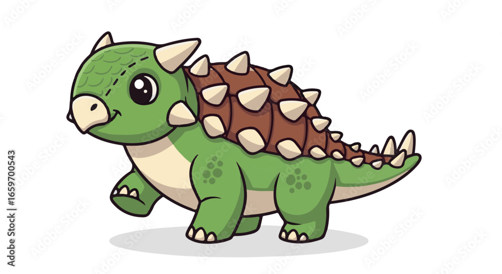 Fototapeta premium A cute baby Ankylosaurus sticker design, chibi cartoon style, 2D flat vector icon illustration of an adorable little. Kawaii style, character art, isolated on white background