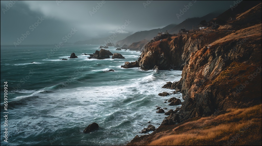 Obraz premium Coastal cliffs ocean waves stormy sky