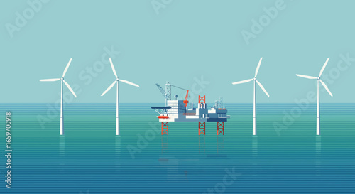Offshore wind farm and oil platform in calm ocean scene