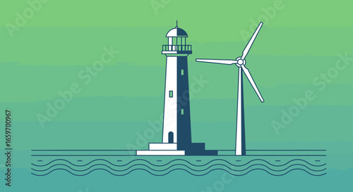 Lighthouse and wind turbine on gradient background with ocean waves