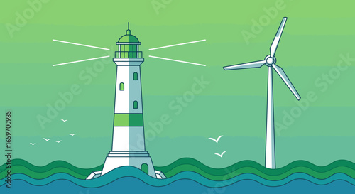 Minimalistic coastal scene with lighthouse and wind turbine on ocean waves