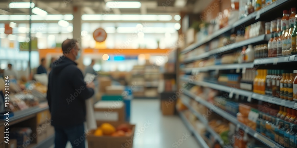 Fototapeta premium Blurred view inside a grocery store with shoppers and shelves stocked with products