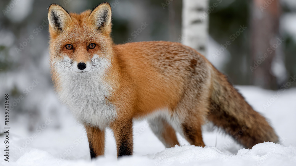 Fototapeta premium Red fox standing alert in snowy winter forest scene.