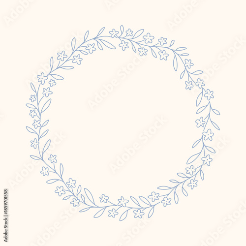 Hand drawn floral round frame with a charming whimsical cottage core design. Soft blue, pastel, and nostalgic, perfect for textiles, wallpaper, wrapping paper, and romantic vintage-inspired decor.