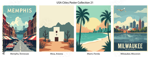 Memphis, Tennessee , Mesa, Arizona , Miami, Florida , Milwaukee, Wisconsin  Flat Vector Poster Collection