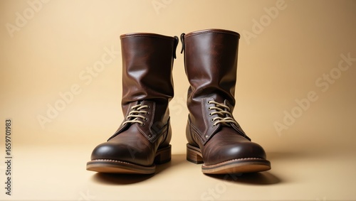 A pair of deep brown leather boots with a classic design, displayed against a simple beige backdrop, creating a sophisticated and refined visual presentation.
