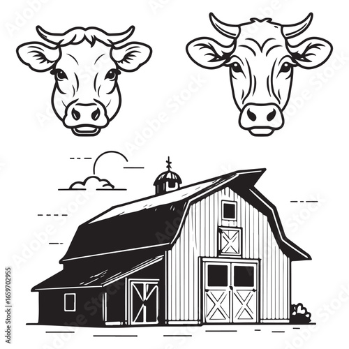 A collection of black and white farm illustrations. This vector set includes a classic wooden barn and two cow head icons, isolated on a white background.
