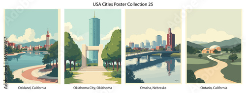 Oakland, California , Oklahoma City, Oklahoma , Omaha, Nebraska , Ontario, California  Flat Vector Poster Collection