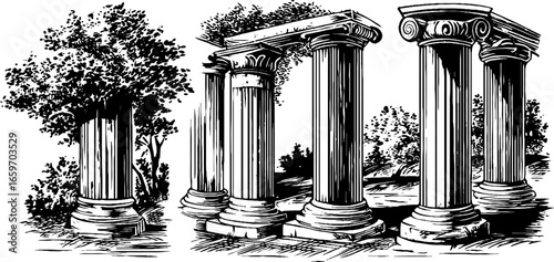 Ancient greek ruins with ionic columns surrounded by nature