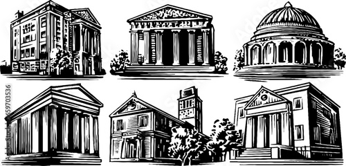 Classic architectural illustrations of historical buildings and monuments
