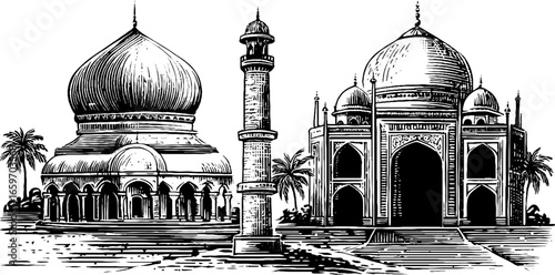 Intricate black and white line art of taj mahal and gol gumbaz with palm trees