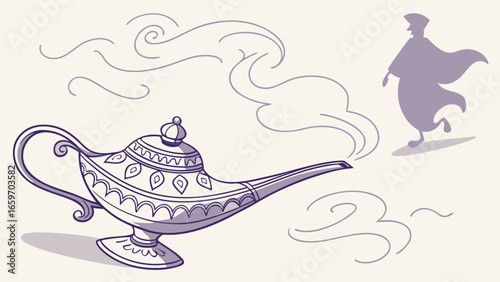 Illustration of a magic lamp with genie coming out, , a symbol of wishes and fantasy tales