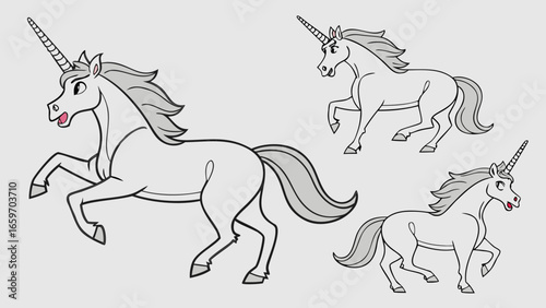 Vector art of a group of cartoon unicorns in various poses, a magical and mythical horse with a horn