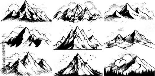 Hand-drawn mountain landscapes collection with scenic peaks and sketched clouds