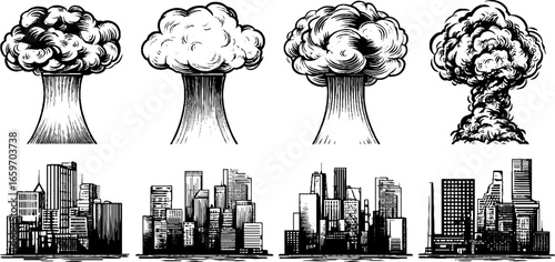 Evolution of cartoon nuclear explosions against urban city skyline