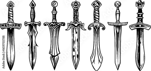 Intricately designed medieval swords displaying unique patterns and styles