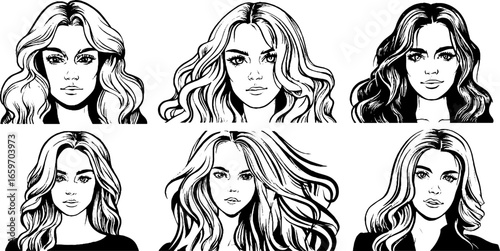 Black and white female portraits featuring long hairstyles and wavy hair patterns
